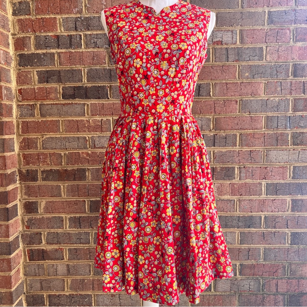 Vintage 60’s/70’s handmade bright red floral sleeveless high neck dress